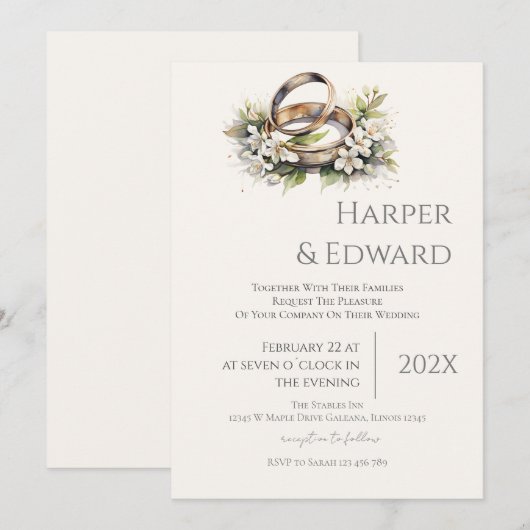 beige wedding invitation with ring 招待状 (正面/裏面)