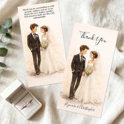 Beige Whimsical Watercolor Romantic Couple Wedding サンキューカード