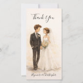Beige Whimsical Watercolor Romantic Couple Wedding サンキューカード (正面)