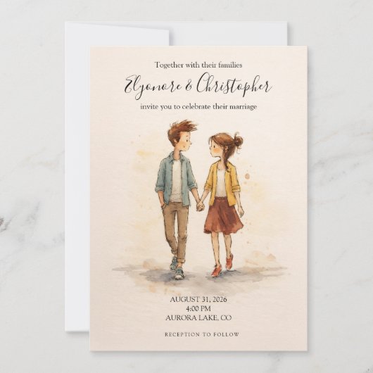 Beige Whimsical Watercolor Romantic Couple Wedding 招待状 (正面)