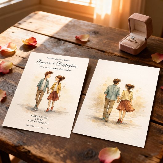 Beige Whimsical Watercolor Romantic Couple Wedding 招待状