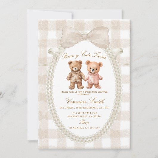 Beige White Bear-y Cute Twins Bear Baby Shower 招待状 (正面)