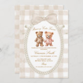 Beige White Bear-y Cute Twins Bear Baby Shower 招待状 (正面/裏面)