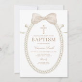 Beige White BOW Pearls Girl Baptism Christening 招待状 (正面)