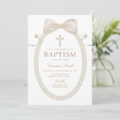 Beige White BOW Pearls Girl Baptism Christening 招待状 (スタンド正面)