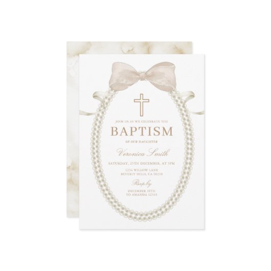 Beige White BOW Pearls Girl Baptism Christening 招待状 (正面/裏面インサイチュ)