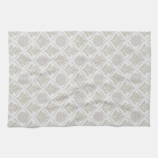 Beige & White Sparkling Quatrefoil Pattern キッチンタオル (横)