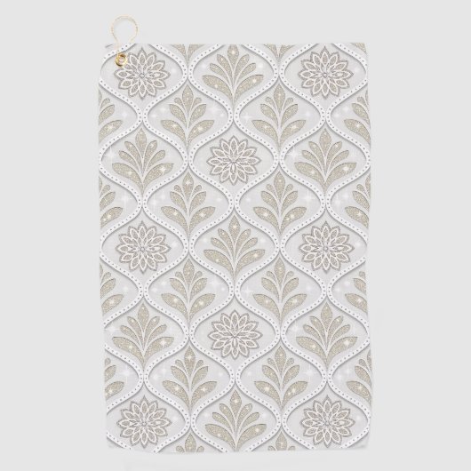 Beige & White Sparkling Quatrefoil Pattern ゴルフタオル (正面)