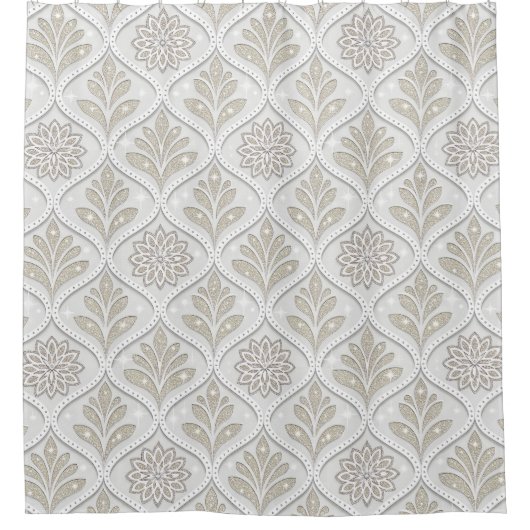Beige & White Sparkling Quatrefoil Pattern シャワーカーテン (正面)