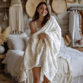 Beige & White Sparkling Quatrefoil Pattern フリースブランケット