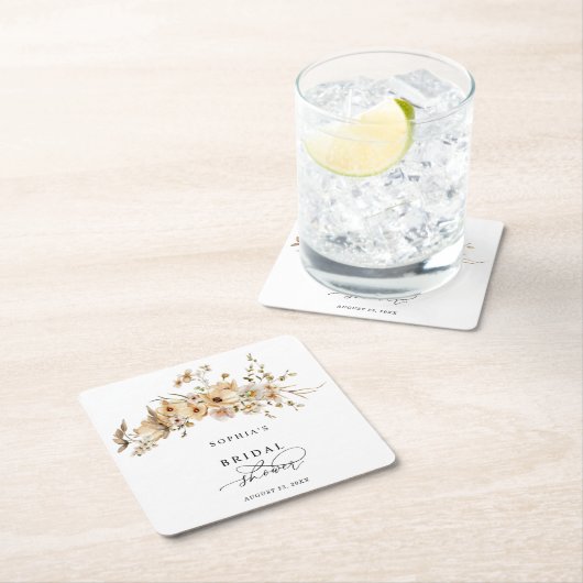 Beige Wild Flowers Bridal Shower スクエアペーパーコースター (インサイチュ)