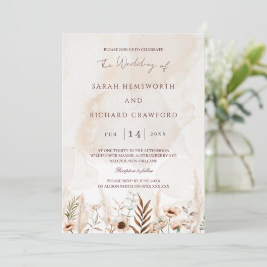 Beige Wildflower Floral Garden Boho Wedding 招待状 (スタンド正面)