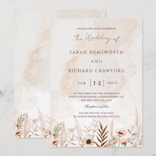 Beige Wildflower Floral Garden Boho Wedding 招待状 (正面/裏面)