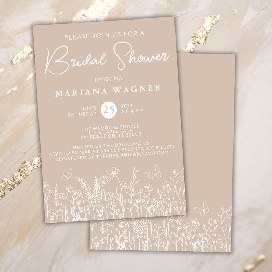 Beige Wildflowers Bridal Shower Invitation 招待状