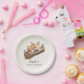 Beige Woodland Fox Baby Shower Paper Plate ペーパープレート (パーティー)