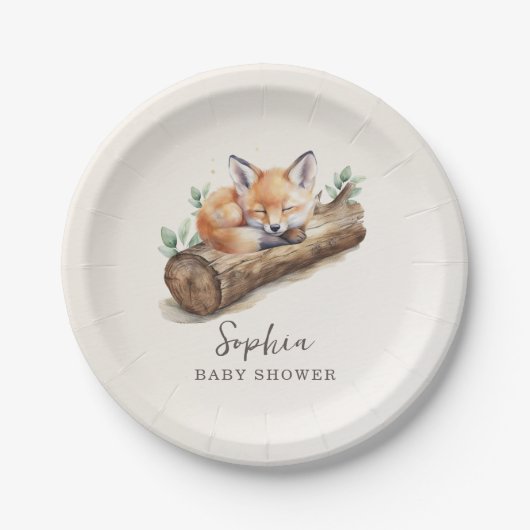 Beige Woodland Fox Baby Shower Paper Plate ペーパープレート (正面)