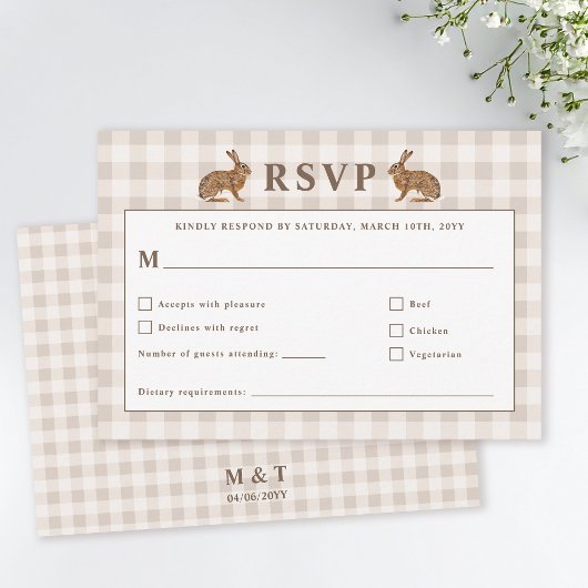 Beige Woodland Hare Bunnies Wedding RSVP Card