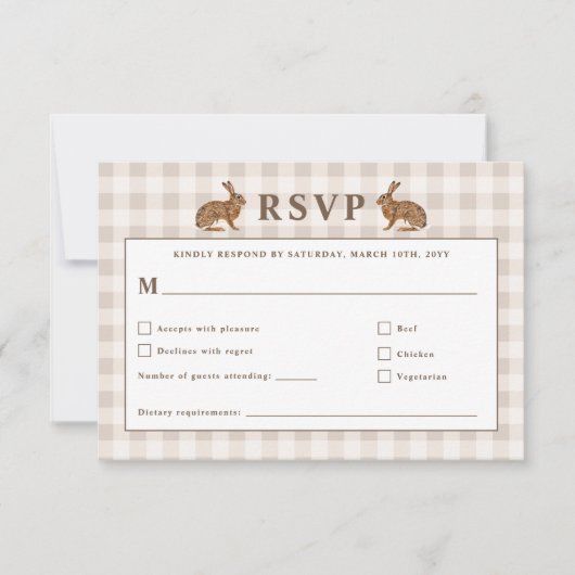 Beige Woodland Hare Bunnies Wedding RSVP Card (正面)