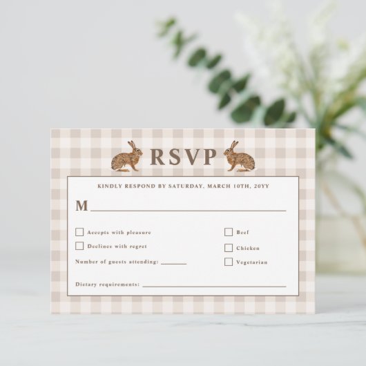 Beige Woodland Hare Bunnies Wedding RSVP Card (スタンド正面)