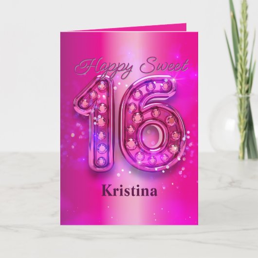 Bejeweled Fuchsia 16th Birthday Sparkle Glamour カード (正面)