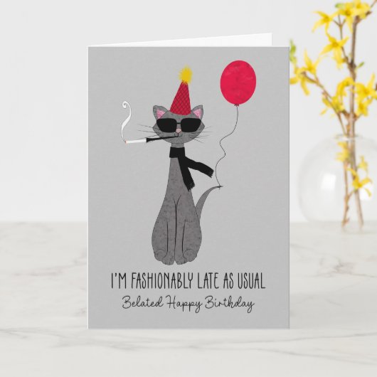 Belated Birthday Fashionable Cat カード (黄色い花)