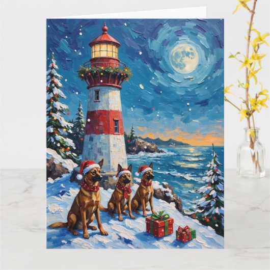 Belgian Malinois Christmas Lighthouse Holiday カード (黄色い花)