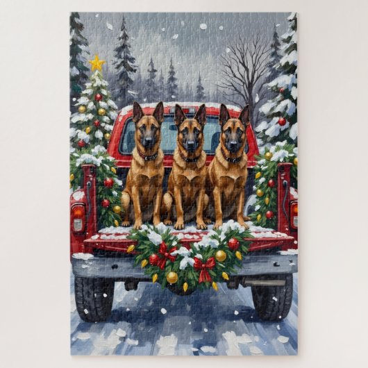 Belgian Malinois Christmas Red Truck Holiday ジグソーパズル (縦)