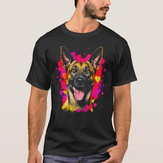 Belgian Malinois Dog Pink Red Heart Tシャツ (正面)