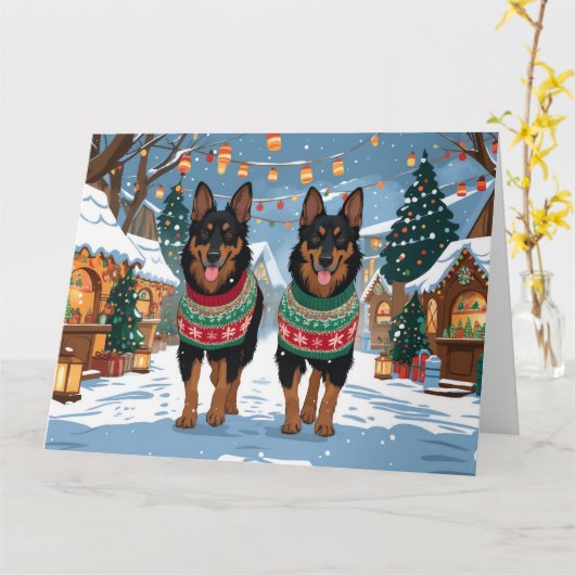 Belgian Malinois Dogs Christmas Snow Holiday  カード (黄色い花)