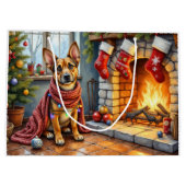 Belgian Malinois Fireplace with Christmas Lights ラージペーパーバッグ (裏面)