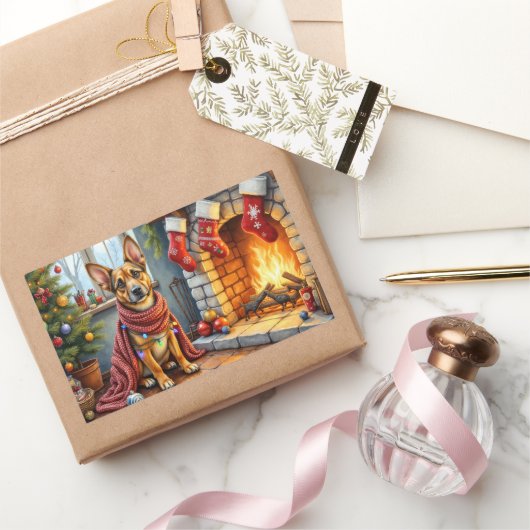 Belgian Malinois Fireplace with Christmas Lights 長方形シール (ギフト)