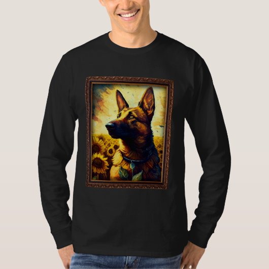 Belgian Malinois Shepherd Painting Sunflower Flowe Tシャツ (正面)