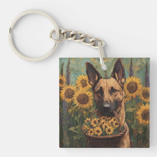 Belgian Malinois with a Basket of Sunflowers キーホルダー (正面)