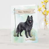 Belgian Sheepdog Dog Outdoors Under Birthday Sign カード (黄色い花)