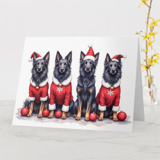 Belgian Shepherd Christmas Dress Santa Hat カード (黄色い花)