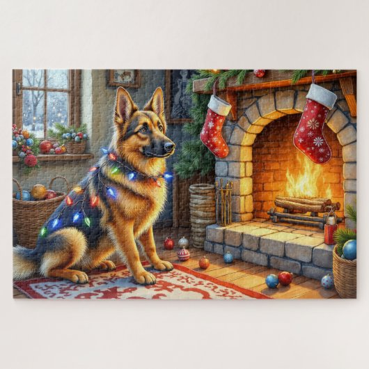 Belgian Shepherd Fireplace with Christmas Lights ジグソーパズル (横)