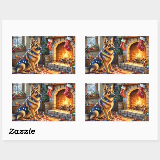 Belgian Shepherd Fireplace with Christmas Lights 長方形シール (シート)