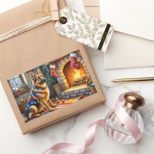 Belgian Shepherd Fireplace with Christmas Lights 長方形シール (ギフト)