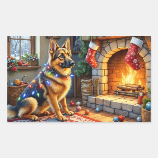 Belgian Shepherd Fireplace with Christmas Lights 長方形シール (正面)