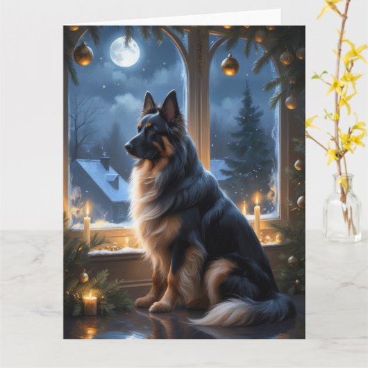 Belgian Shepherd With Christmas Lights Holiday カード (黄色い花)
