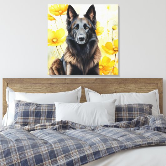 Belgian Tervuren Dog Lover and Poppies キャンバスプリント (インサイチュ (寝室))