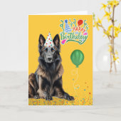 Belgian Tervuren in Party Hat on Yellow Birthday カード (黄色い花)