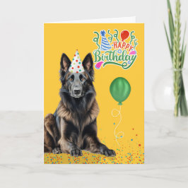 Belgian Tervuren in Party Hat on Yellow Birthday カード