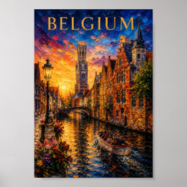 Belgium: Romantic Sunset Bruges Canal Art Souvenir ポスター