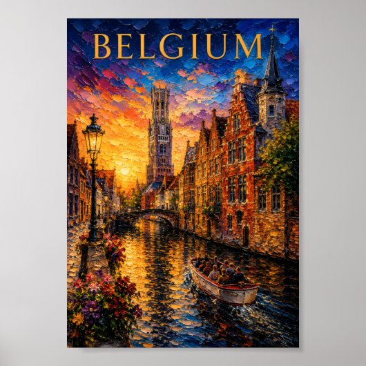 Belgium: Romantic Sunset Bruges Canal Art Souvenir ポスター (正面)