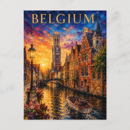 Belgium: Romantic Sunset Bruges Canal Art Souvenir ポストカード (正面)
