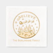 「Believe」の文字入りクリスマスシーンの家族の名前 箔ナプキン (正面)