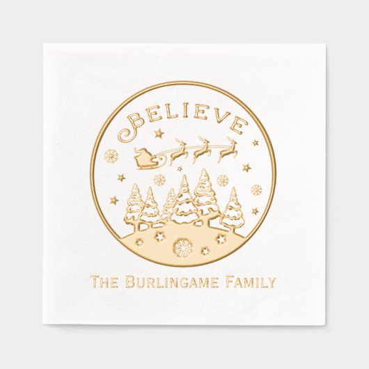 「Believe」の文字入りクリスマスシーンの家族の名前 箔ナプキン (正面)