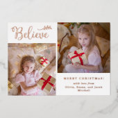 Believe | Christmas Photo Collage Rose Gold 箔シーズンカード (正面)