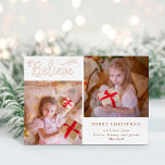 Believe | Christmas Photo Collage Rose Gold 箔シーズンカード<br><div class="desc">This trendy and elegant holiday card says "Believe" in modern rose gold foil handwritten script,  with a matching botanical Christmas branch,  on a white background. Add two of your favorite personal photos to the front,  and another to the back.</div>